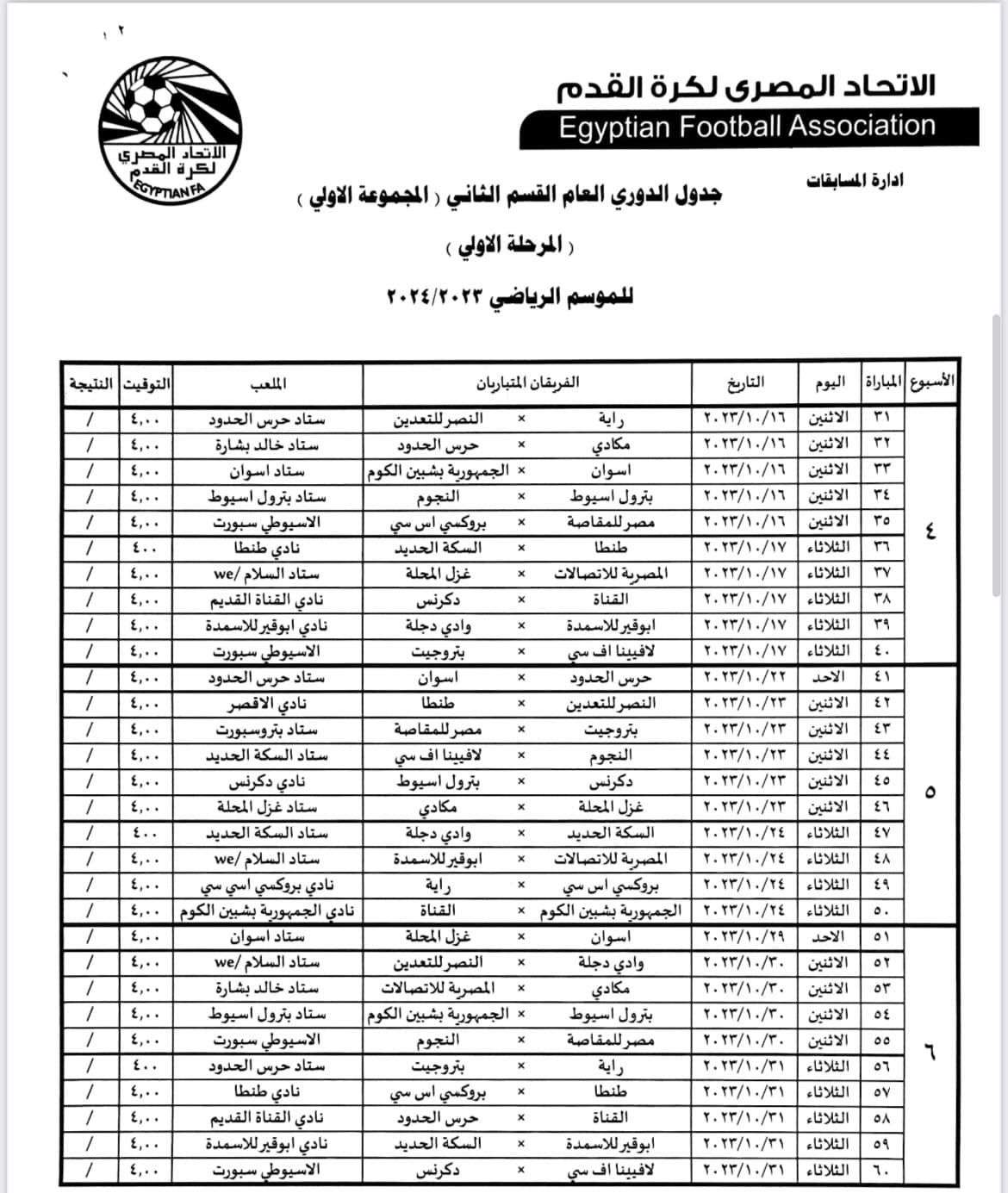 صورة عن جدول ترتيب مباريات دورى المحترفين