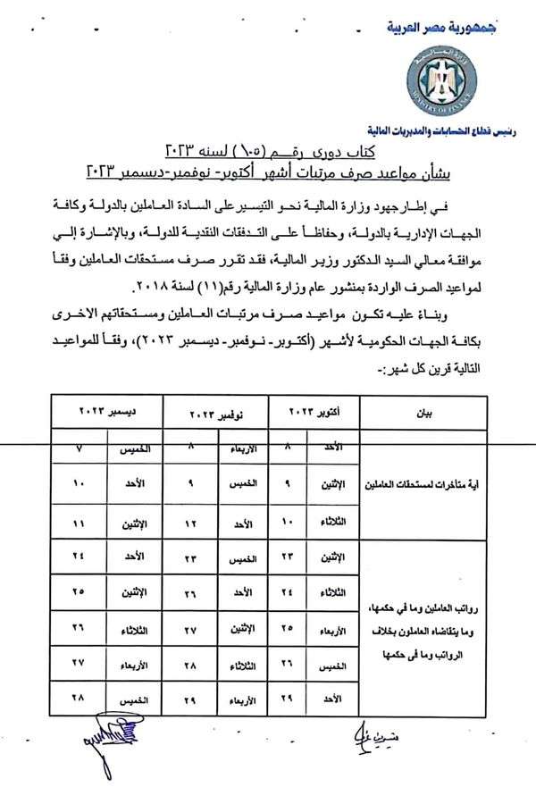 صورة عن مواعيد صرف مرتبات الموظفين