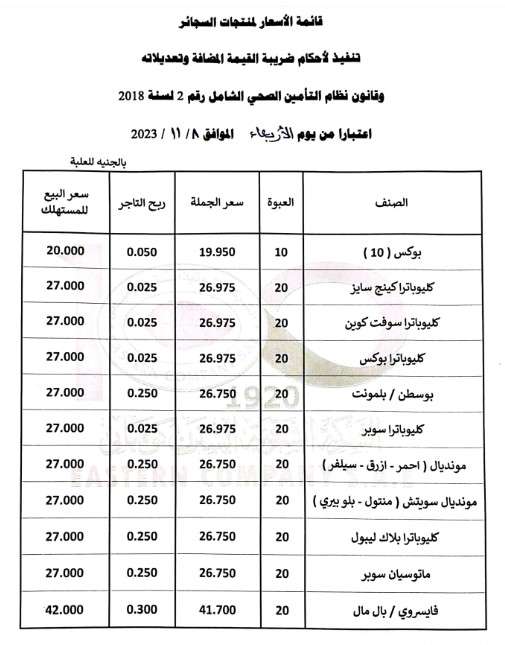 صورة عن أسعار السجائر