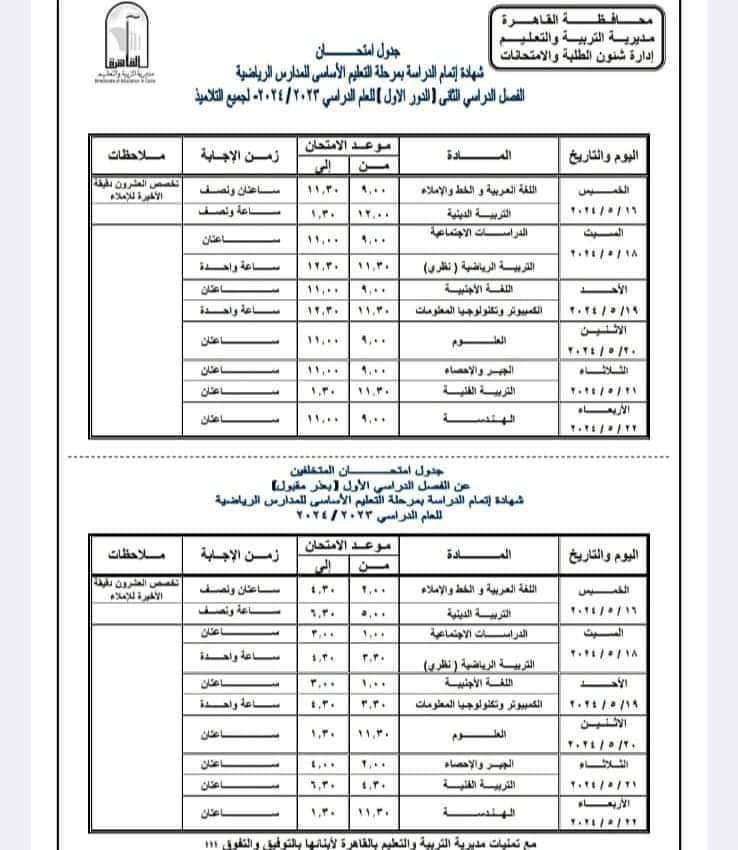 صورة عن جدول امتحانات الترم الثاني