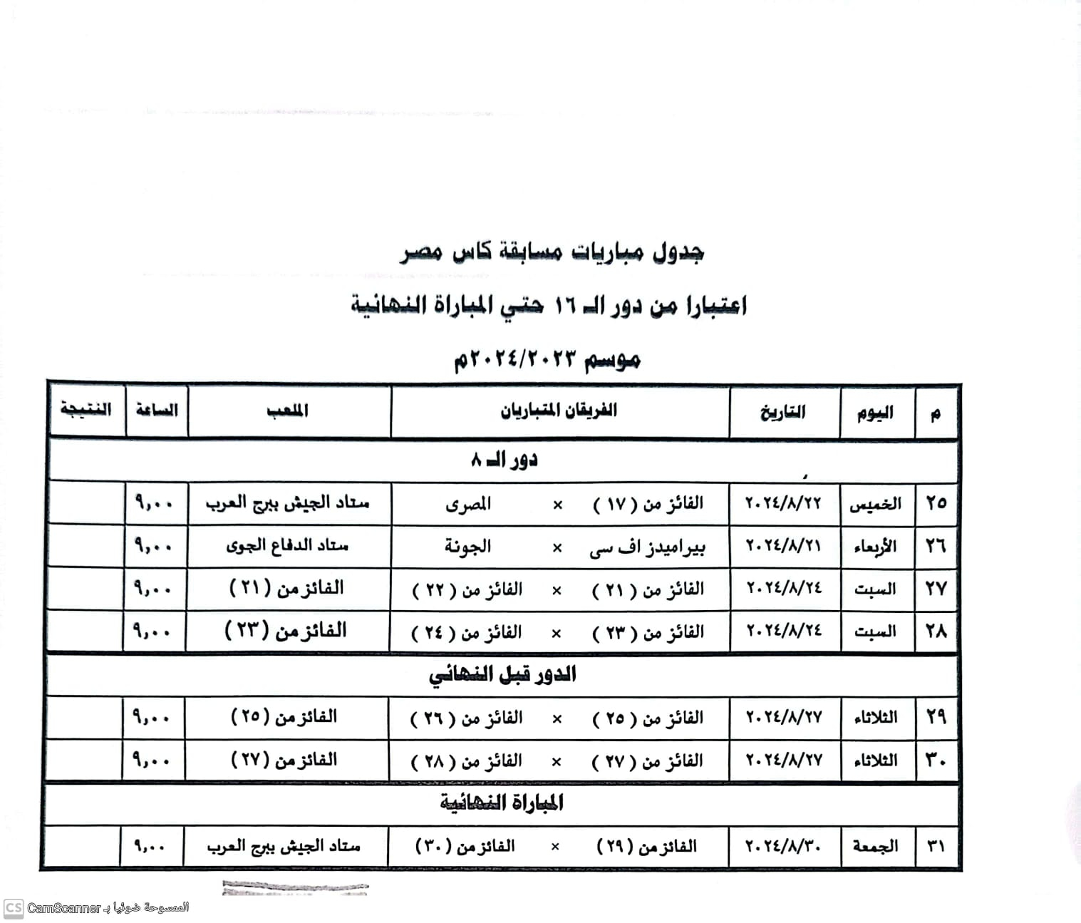 صورة عن جدول مباريات كأس مصر